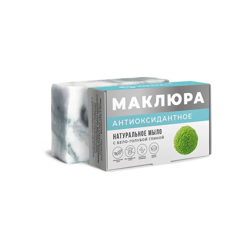 НАТУРАЛЬНОЕ МЫЛО МАКЛЮРА С БЕЛО-ГОЛУБОЙ ГЛИНОЙ АНТИОКСИДАНТНОЕ